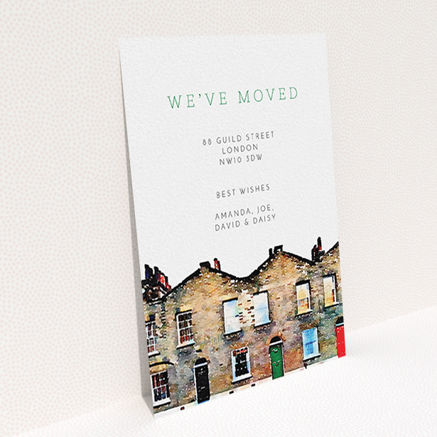 A change of address card design named "On the street where I live". It is an A6 card in a portrait orientation. "On the street where I live" is available as a flat card, with tones of white and green.