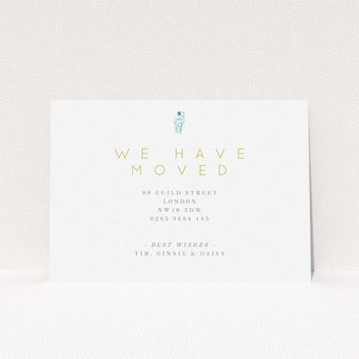 A change of address card named "One Small Step". It is an A5 card in a landscape orientation. "One Small Step" is available as a flat card, with tones of white and green.