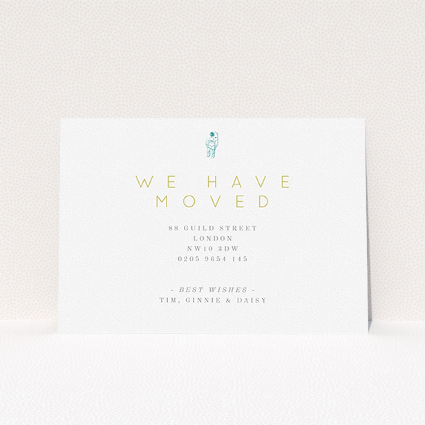 A change of address card named "One Small Step". It is an A5 card in a landscape orientation. "One Small Step" is available as a flat card, with tones of white and green.