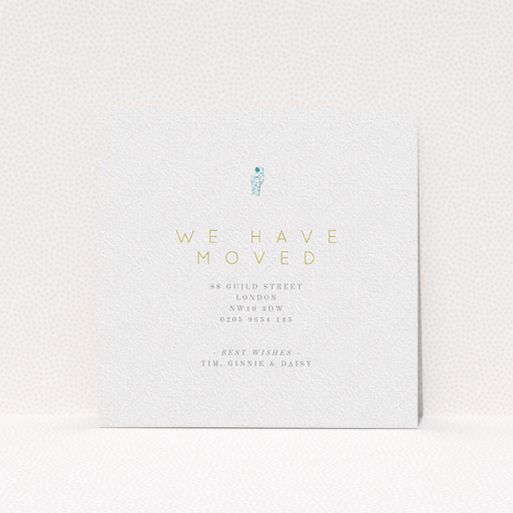 A change of address card design called "One Small Step". It is a square (148mm x 148mm) card in a square orientation. "One Small Step" is available as a flat card, with tones of white and green.