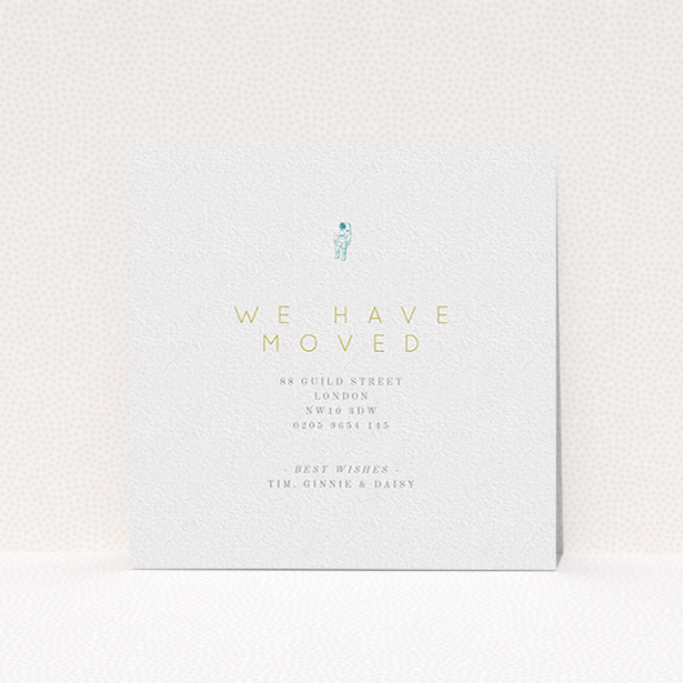 A change of address card design called "One Small Step". It is a square (148mm x 148mm) card in a square orientation. "One Small Step" is available as a flat card, with tones of white and green.