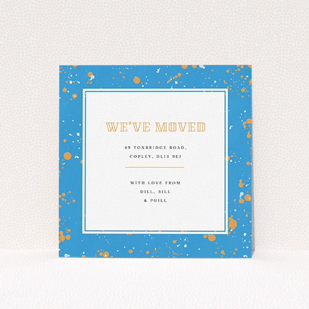 A change of address card called "Orange Splatters". It is a square (148mm x 148mm) card in a square orientation. "Orange Splatters" is available as a flat card, with tones of light blue and orange.