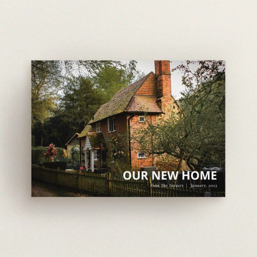 Change Of Address Card Design - "Our New Home Snap" A change of address card named "Our New Home Snap". It is an A6 card in a landscape orientation. It is a photographic change of address card with room for 1 photo. "Our New Home Snap" is available as a flat card, with mainly white colouring.