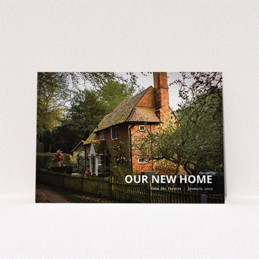 A change of address card named "Our New Home Snap". It is an A6 card in a landscape orientation. It is a photographic change of address card with room for 1 photo. "Our New Home Snap" is available as a flat card, with mainly white colouring.