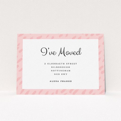 A change of address card design titled "Pink Drops". It is an A5 card in a landscape orientation. "Pink Drops" is available as a flat card, with tones of pink and white.