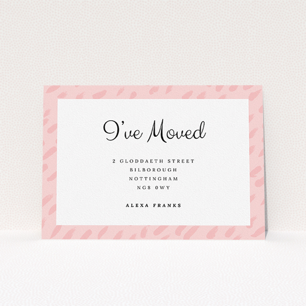 A change of address card design titled "Pink Drops". It is an A5 card in a landscape orientation. "Pink Drops" is available as a flat card, with tones of pink and white.