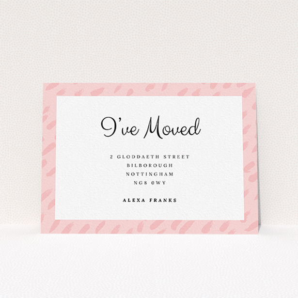 A change of address card template titled "Pink Drops". It is an A6 card in a landscape orientation. "Pink Drops" is available as a flat card, with tones of pink and white.