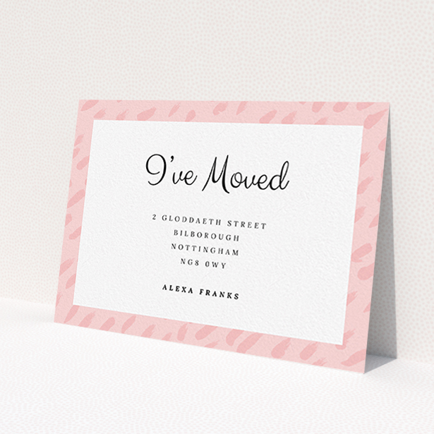 A change of address card template titled "Pink Drops". It is an A6 card in a landscape orientation. "Pink Drops" is available as a flat card, with tones of pink and white.