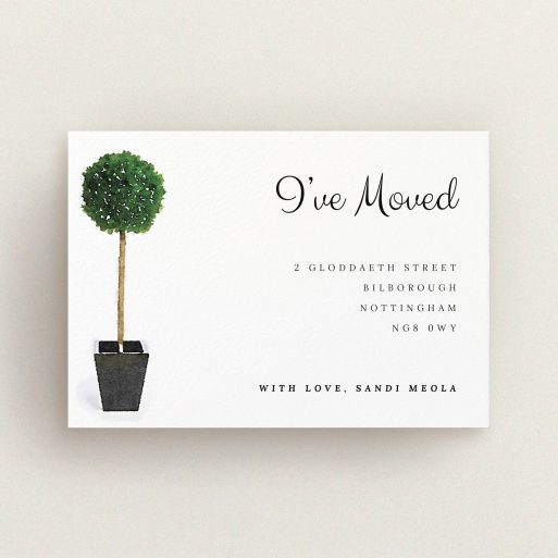 Change Of Address Card Design - "Plant your feet" A change of address card called "Plant your feet". It is an A6 card in a landscape orientation. "Plant your feet" is available as a flat card, with tones of green and white.