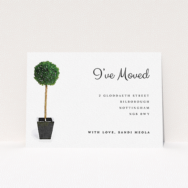 A change of address card called "Plant your feet". It is an A6 card in a landscape orientation. "Plant your feet" is available as a flat card, with tones of green and white.