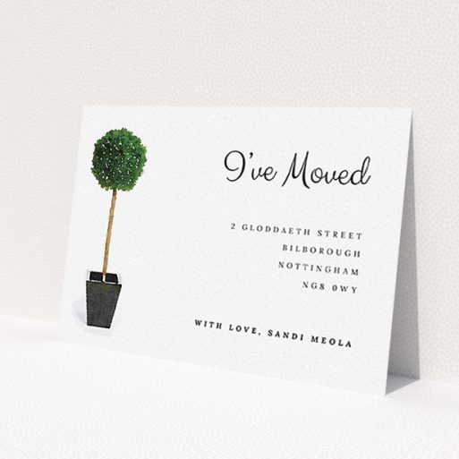 A change of address card called 'Plant your feet'. It is an A6 card in a landscape orientation. 'Plant your feet' is available as a flat card, with tones of green and white.