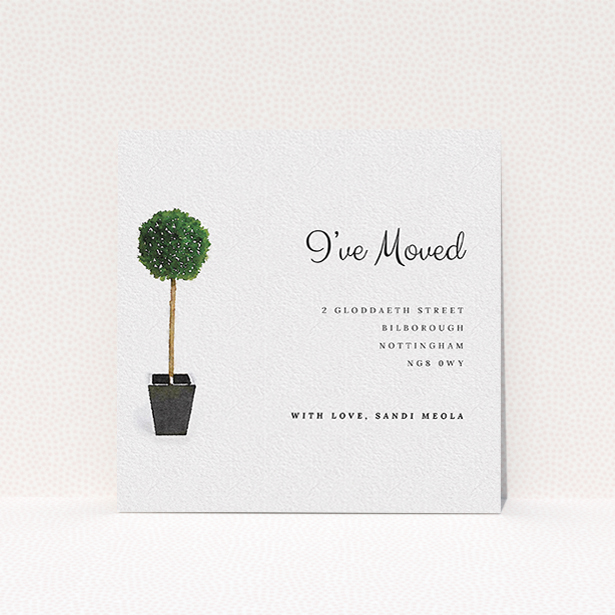 A change of address card template titled "Plant your feet". It is a square (148mm x 148mm) card in a square orientation. "Plant your feet" is available as a flat card, with tones of green and white.