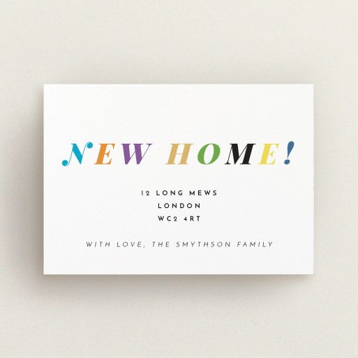 Change Of Address Card Design - "Rainbow Home" A change of address card called "Rainbow Home". It is an A6 card in a landscape orientation. "Rainbow Home" is available as a flat card, with tones of white and green.