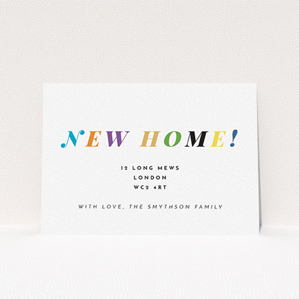 A change of address card called "Rainbow Home". It is an A6 card in a landscape orientation. "Rainbow Home" is available as a flat card, with tones of white and green.