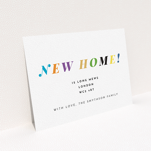 A change of address card called "Rainbow Home". It is an A6 card in a landscape orientation. "Rainbow Home" is available as a flat card, with tones of white and green.