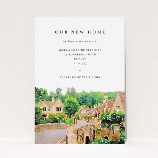 A change of address card design named "Rolling Village". It is an A5 card in a portrait orientation. "Rolling Village" is available as a flat card, with tones of white, brown and green.