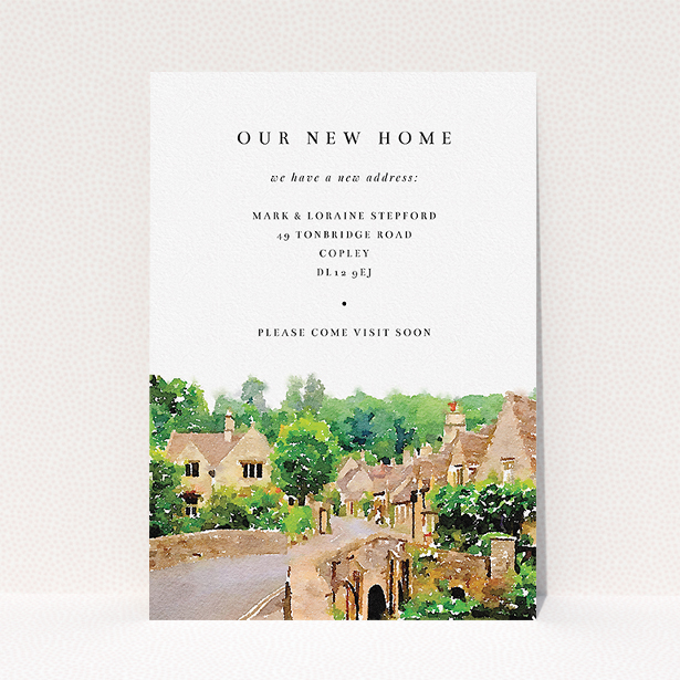 A change of address card design named "Rolling Village". It is an A5 card in a portrait orientation. "Rolling Village" is available as a flat card, with tones of white, brown and green.