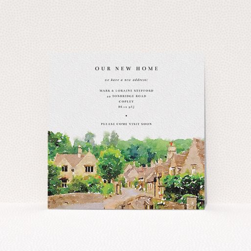 A change of address card design titled "Rolling Village". It is a square (148mm x 148mm) card in a square orientation. "Rolling Village" is available as a flat card, with tones of white, brown and green.
