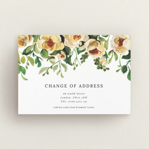Change Of Address Card Design - "Rose Roof" A change of address card design titled "Rose Roof". It is an A6 card in a landscape orientation. "Rose Roof" is available as a flat card, with mainly pink colouring.