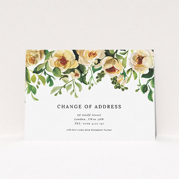 A change of address card design titled "Rose Roof". It is an A6 card in a landscape orientation. "Rose Roof" is available as a flat card, with mainly pink colouring.