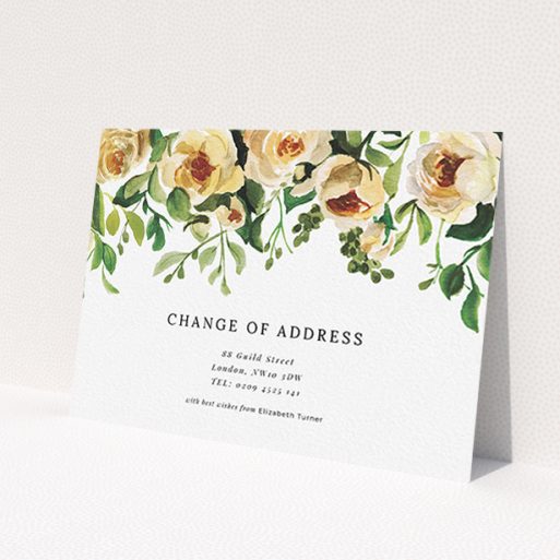 A change of address card design titled 'Rose Roof'. It is an A6 card in a landscape orientation. 'Rose Roof' is available as a flat card, with mainly pink colouring.