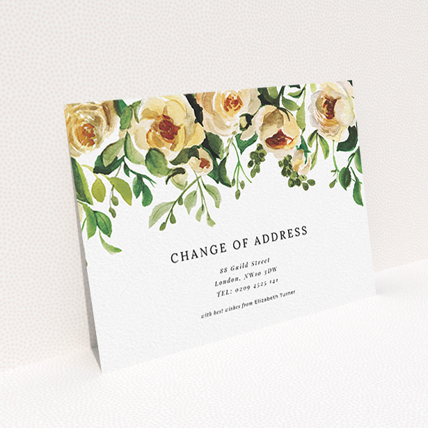 A change of address card design titled "Rose Roof". It is an A6 card in a landscape orientation. "Rose Roof" is available as a flat card, with mainly pink colouring.