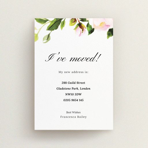 Change Of Address Card Design - "Rose Top" A change of address card called "Rose Top". It is an A6 card in a portrait orientation. "Rose Top" is available as a flat card, with tones of pink and green.