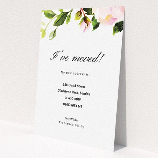 A change of address card called 'Rose Top'. It is an A6 card in a portrait orientation. 'Rose Top' is available as a flat card, with tones of pink and green.