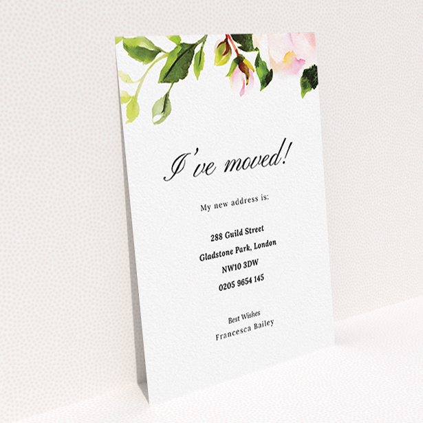 A change of address card called "Rose Top". It is an A6 card in a portrait orientation. "Rose Top" is available as a flat card, with tones of pink and green.