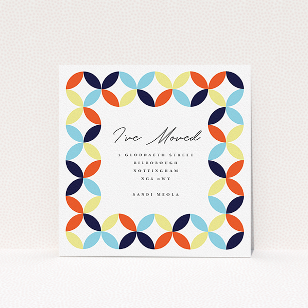 A change of address card design named "Round and Round". It is a square (148mm x 148mm) card in a square orientation. "Round and Round" is available as a flat card, with tones of orange, light blue and yellow.