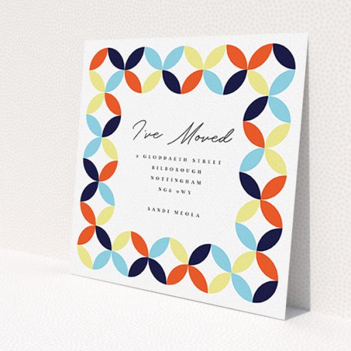 A change of address card design named 'Round and Round'. It is a square (148mm x 148mm) card in a square orientation. 'Round and Round' is available as a flat card, with tones of orange, light blue and yellow.