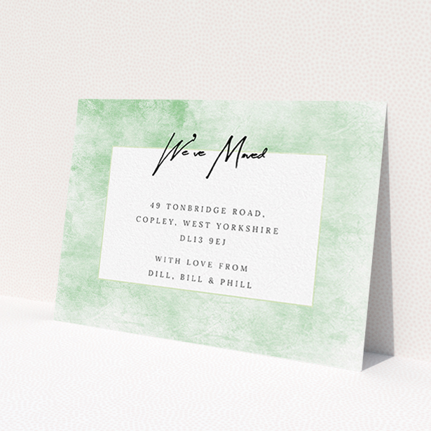 A change of address card design named 'Rustic Greens'. It is an A6 card in a landscape orientation. 'Rustic Greens' is available as a flat card, with tones of green and white.
