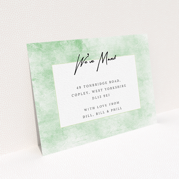 A change of address card design named "Rustic Greens". It is an A6 card in a landscape orientation. "Rustic Greens" is available as a flat card, with tones of green and white.