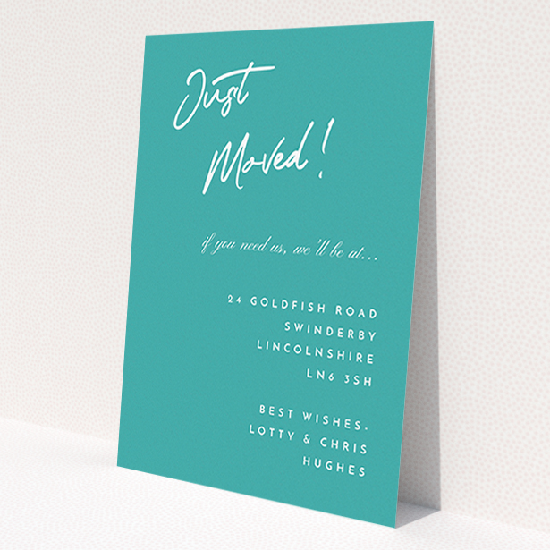 A change of address card design named 'Simple Blue'. It is an A6 card in a portrait orientation. 'Simple Blue' is available as a flat card, with tones of green and white.