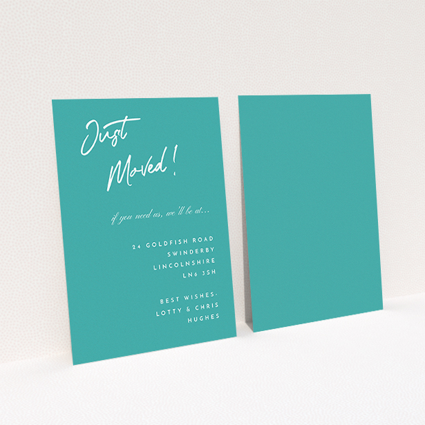 A change of address card design named "Simple Blue". It is an A6 card in a portrait orientation. "Simple Blue" is available as a flat card, with tones of green and white.