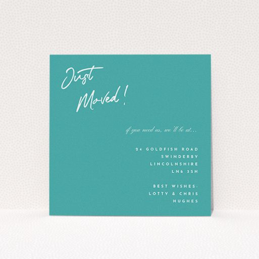A change of address card called "Simple Blue". It is a square (148mm x 148mm) card in a square orientation. "Simple Blue" is available as a flat card, with tones of green and white.