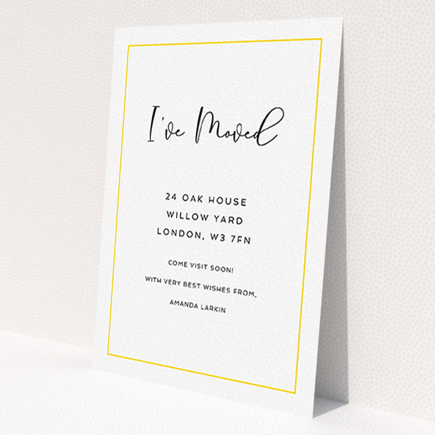 A change of address card template titled 'Simple Yellow'. It is an A6 card in a portrait orientation. 'Simple Yellow' is available as a flat card, with tones of white and yellow.