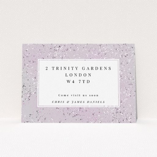 A change of address card design titled "Stone Paint". It is an A5 card in a landscape orientation. "Stone Paint" is available as a flat card, with mainly purple/dark pink colouring.