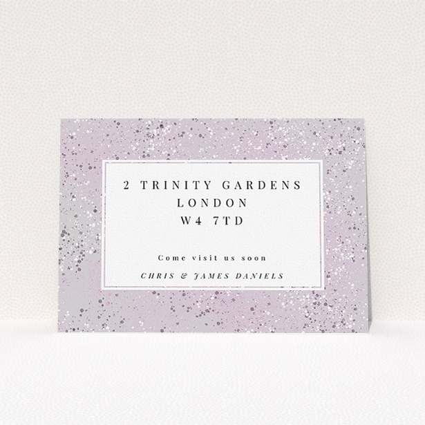 A change of address card design titled "Stone Paint". It is an A5 card in a landscape orientation. "Stone Paint" is available as a flat card, with mainly purple/dark pink colouring.