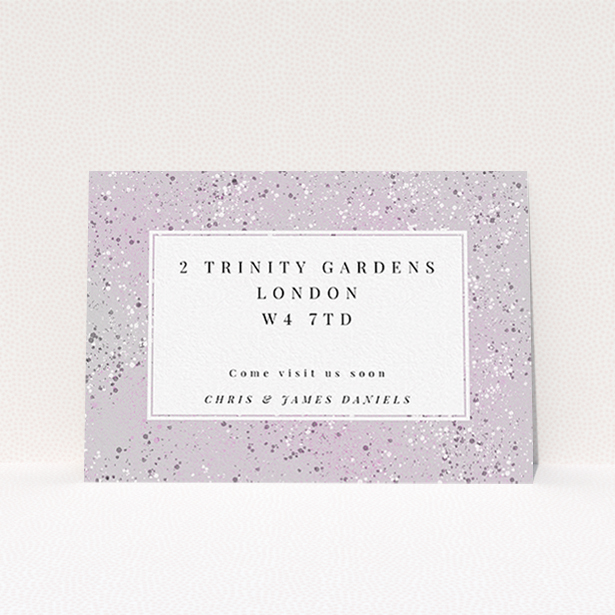 A change of address card template titled "Stone Paint". It is an A6 card in a landscape orientation. "Stone Paint" is available as a flat card, with mainly purple/dark pink colouring.