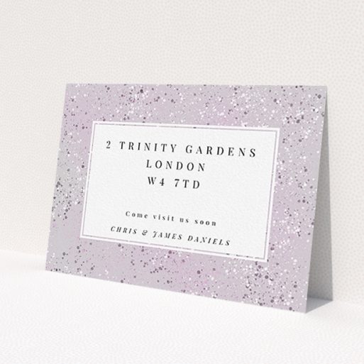 A change of address card template titled 'Stone Paint'. It is an A6 card in a landscape orientation. 'Stone Paint' is available as a flat card, with mainly purple/dark pink colouring.