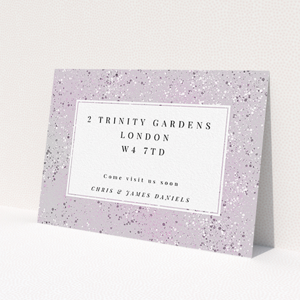 A change of address card template titled "Stone Paint". It is an A6 card in a landscape orientation. "Stone Paint" is available as a flat card, with mainly purple/dark pink colouring.