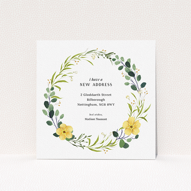 A change of address card template titled "Subtle Summer". It is a square (148mm x 148mm) card in a square orientation. "Subtle Summer" is available as a flat card, with tones of light green, dark green and yellow.