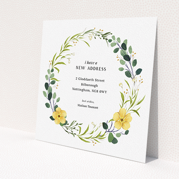 A change of address card template titled "Subtle Summer". It is a square (148mm x 148mm) card in a square orientation. "Subtle Summer" is available as a flat card, with tones of light green, dark green and yellow.