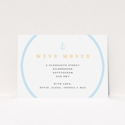 A change of address card template titled "The Knot". It is an A5 card in a landscape orientation. "The Knot" is available as a flat card, with tones of blue and white.