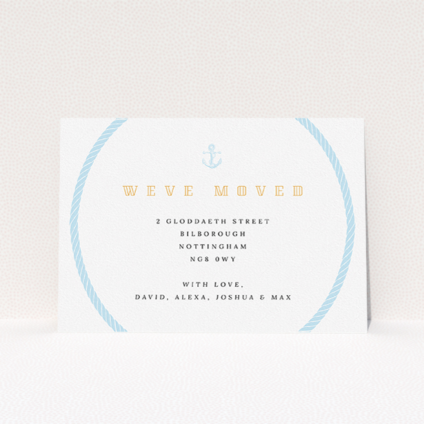 A change of address card template titled "The Knot". It is an A5 card in a landscape orientation. "The Knot" is available as a flat card, with tones of blue and white.