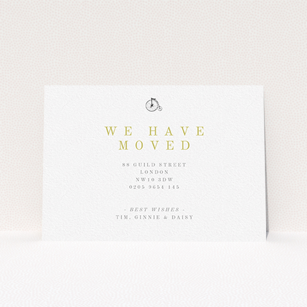 A change of address card design titled "The Victorian Move". It is an A6 card in a landscape orientation. "The Victorian Move" is available as a flat card, with tones of white and gold.