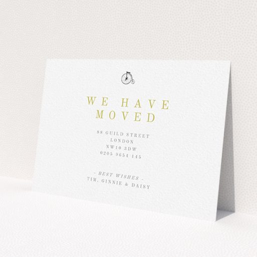 A change of address card design titled 'The Victorian Move'. It is an A6 card in a landscape orientation. 'The Victorian Move' is available as a flat card, with tones of white and gold.