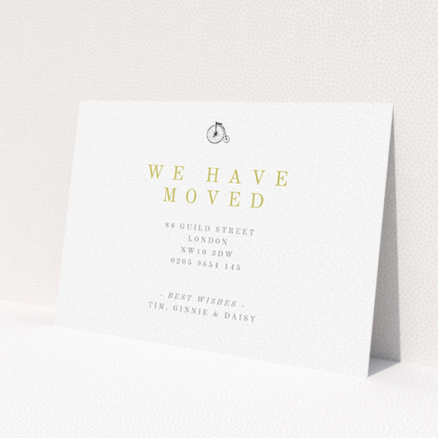 A change of address card design titled "The Victorian Move". It is an A6 card in a landscape orientation. "The Victorian Move" is available as a flat card, with tones of white and gold.