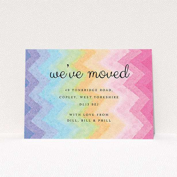 A change of address card template titled "Vibrancy". It is an A6 card in a landscape orientation. "Vibrancy" is available as a flat card, with tones of pink, orange and green.